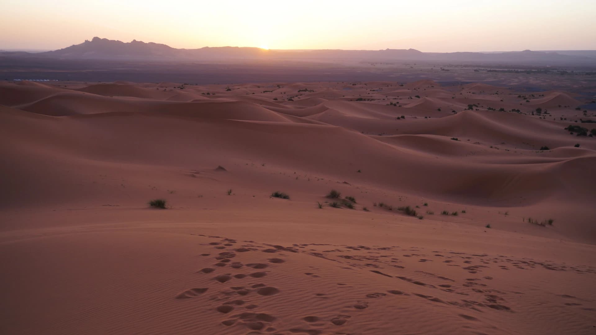 Panorama des dunes de l'Erg Chebbi au coucher du soleil